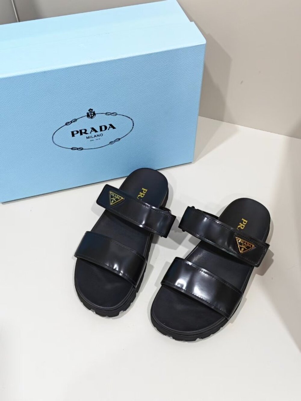 Prada Black Glossy Leather Double Strap Lug Sole Sandals